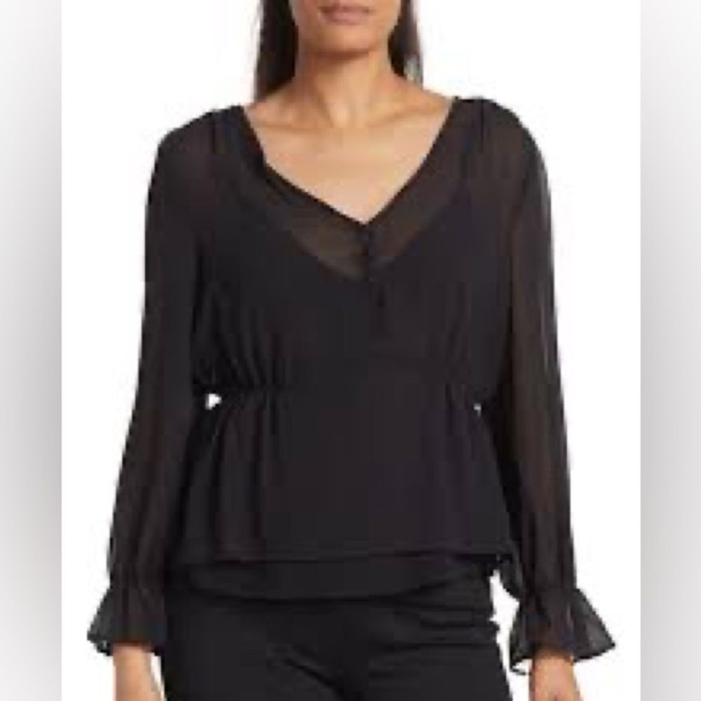 Nordstrom Semi-Sheer Cuffed Chiffon Long Sleeve Black Blouse W/ Buttons Size:‎ S